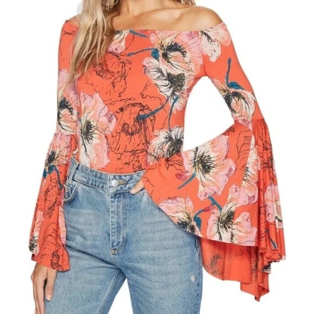 Free People Coral Floral Off-Shoulder Bell Sleeve Blouse